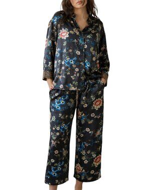 Size XL Natori Black Floral Kana Mandarin  Print Satin Pajama Set